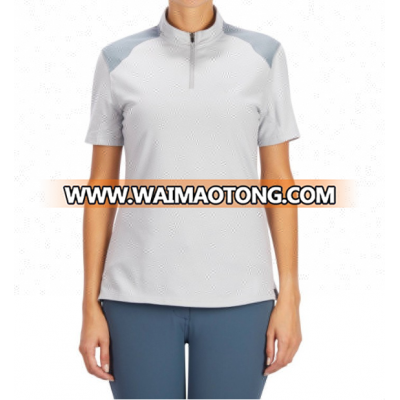 Women's quarter zip collar horse riding short sleeve POLO SHIRT Polyester Elastane with reflective logo printed