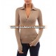 New design slim fit popular Womens deep V Neck Long-Sleeve Polo Shirts Tan,Stretch Pullover Casual Blouse Top Polo Shirt